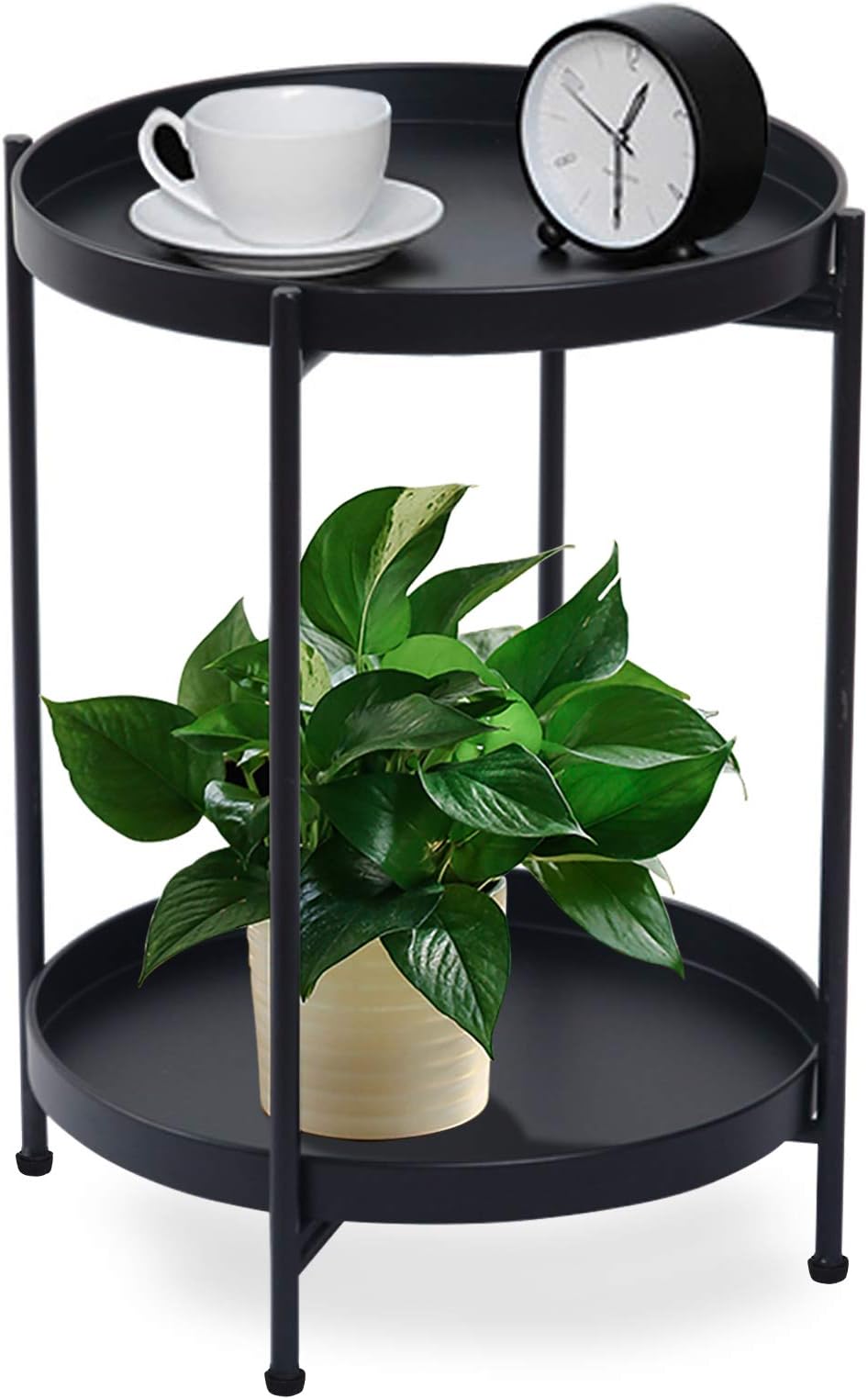 FUNME Black Folding End Table 2-Tier Metal Round Side Table with Removable Tray for Living Room,(15.2”Dx20”H)