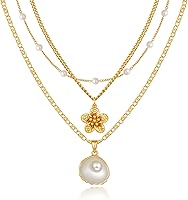 Sargetou 14K Gold Plated 3-Pc Charm Necklace Set for Women - Waterproof Seashell Pearl Flower Dainty Layering Jewelry Gift