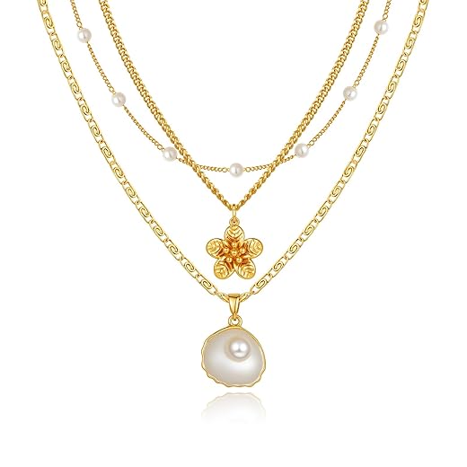 Charm Necklaces for Women,14k Gold Plated Waterproof Dainty Choker Necklace Summer Seashell Pearl Beach Cute Necklaces Set Fashion Jewelry Gift