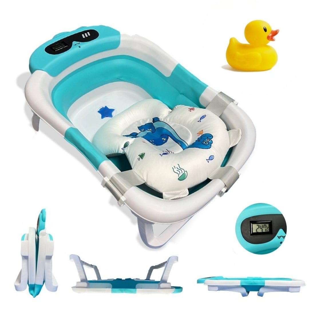 BAÑERA PLEGABLE BEBÉ 5 EN 1 Termómetro + Cojín Protector + Patas Antideslizantes + Tapón de Seguridad | Bebé Recién Nacido | Diseño Plegable en 2 | Fácil de Guardar y Transportar (Azul) — view 10