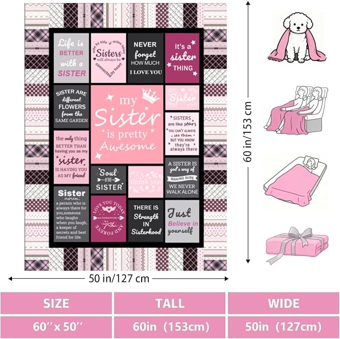 Sister Gifts, Sister Blanket Gift from Sis, Valentines Mothers Day Birthday Graduation Present for Sisters Adult Soft Throw Blanket Gift 50"x60" - Image 2