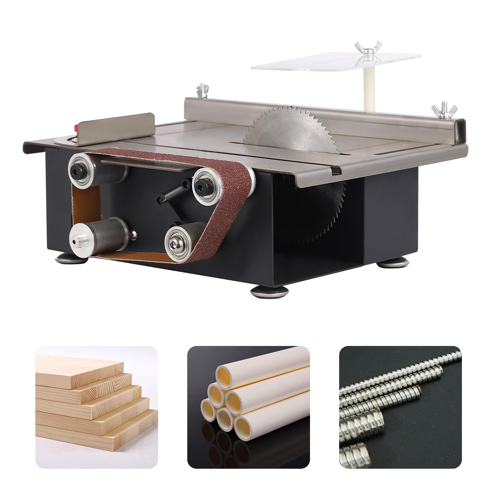 Mini stołowa piła tarczowa, 200 W, 10 000 obr./min, stołowa piła tarczowa z 4 brzeszczotami, głębokość cięcia 33 mm, regulacja kąta 0-90°, 7 biegów, szlifierka taśmowa do rękodzieła w drewnie, DIY