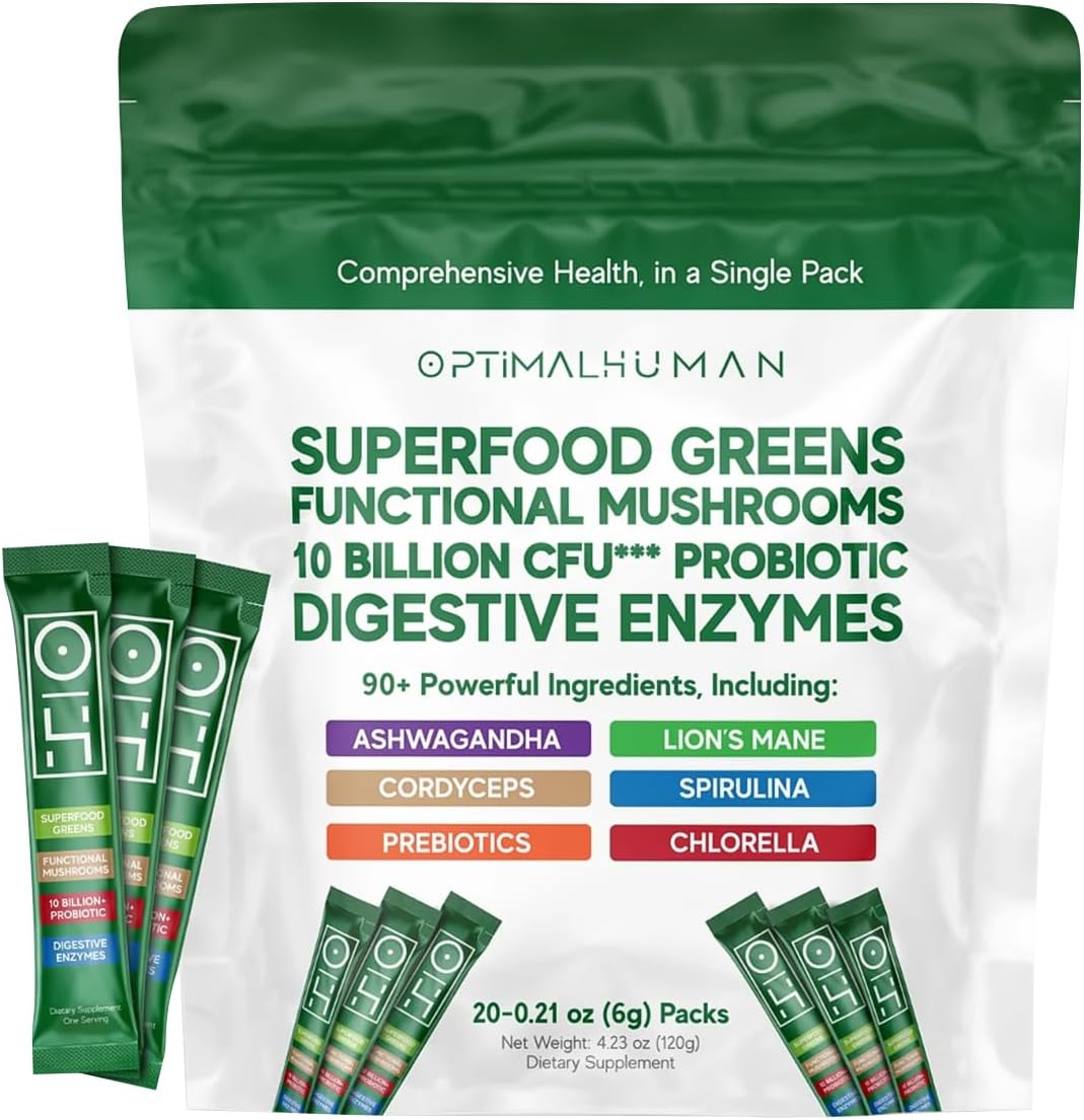 O H Optimal Human Superfood Greens | 20 Sachês de 21 g | 90+ Ingredientes Nutrientes com Lion’s Mane & Ashwagandha | Probióticos, Adaptógenos & Mistura de Alimentos Integrais | Não-OGM