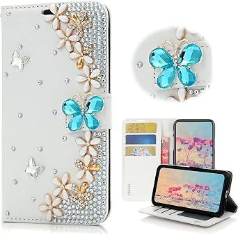 Bling Wallet Phone Case Compatible with Samsung Galaxy Z Fold 3 5G Case - Stylish - 3D Handmade Butterfly Flowers Floral Design Magnetic Wallet Stand Leather Cover Case - Blue