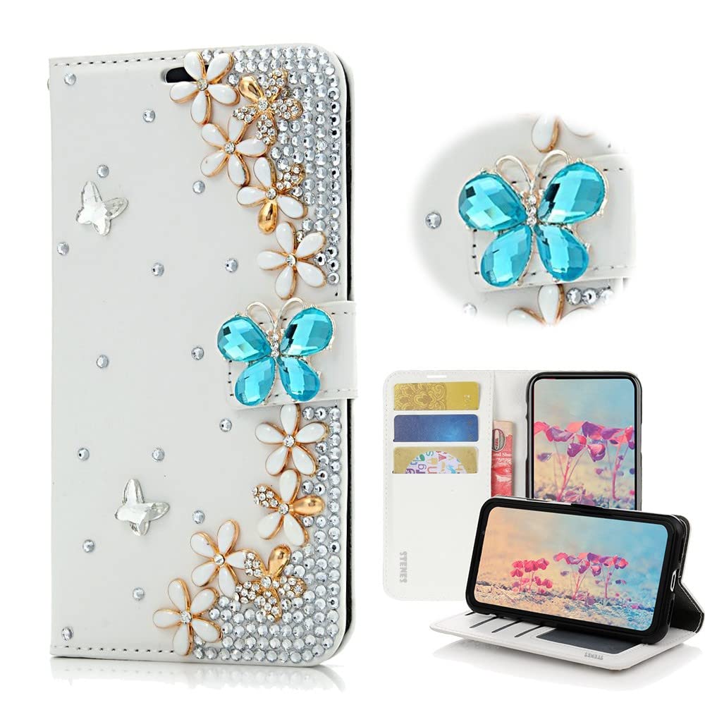STENES Bling Wallet Phone Case Compatible with iPhone 11 Pro Max - Stylish - 3D Handmade Butterfly Flowers Floral Rhinstone Diamond Design Leather Cover Case - Blue