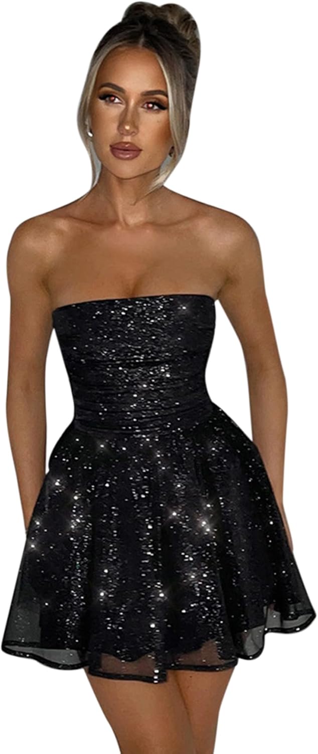 AIBEARTY Women's Sexy Glitter Off Shoulder Mini Dress Shiny Strapless Pleated A Line Dress for Party Club - Image 2