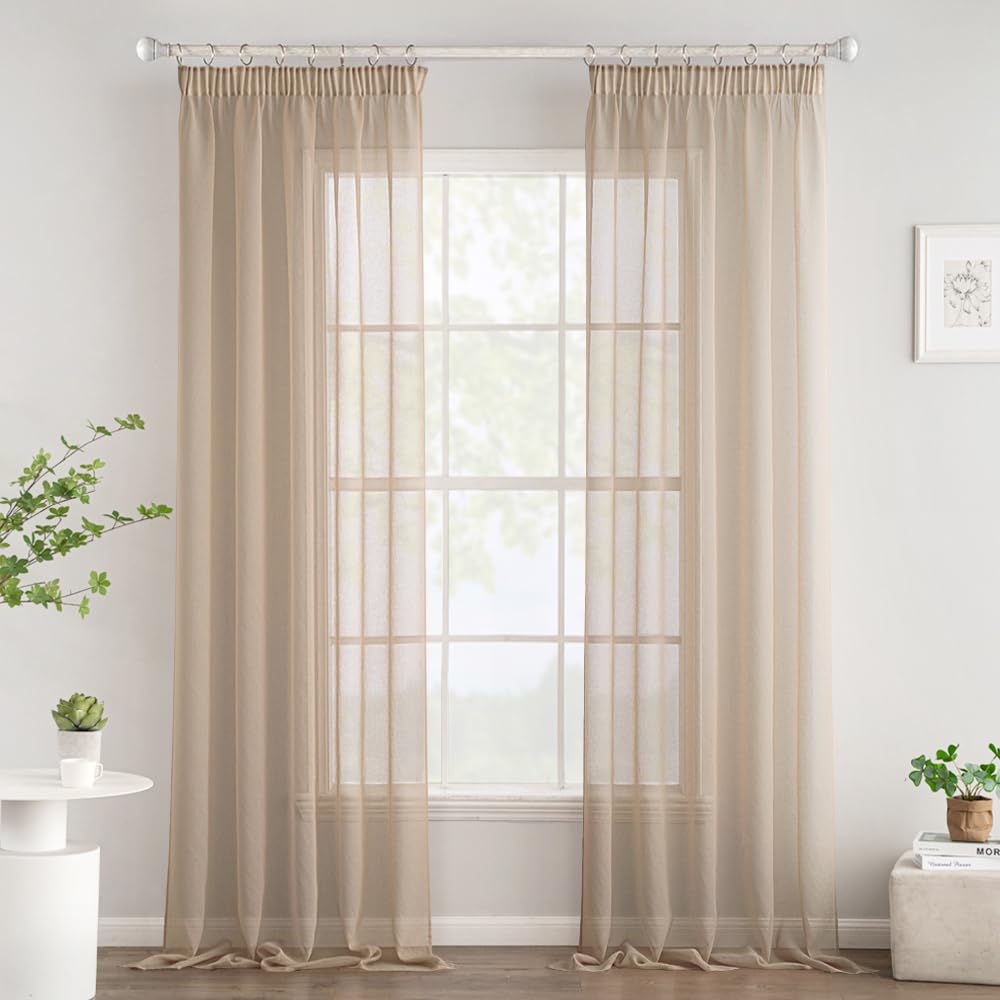 Woaboy Gardinen mit Kräuselband Fenster Voile Vorhänge Wohnzimmer Transparent Sheer Curtains Stores Gardine Schlafzimmer Modern Schlaufengardinen 2er Set 140x200cm (BxH) Beige