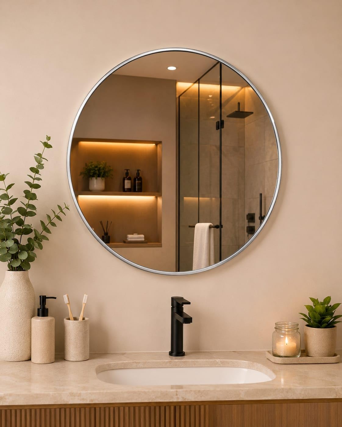 Premium Round Wall Mirror 12 x 12 Inches with Silver Chrome Finish | HD Glass Wall Mounted Vanity Mirror for Bathroom, Wash Basin, Living Room, Bedroom & Home Decor-image-36