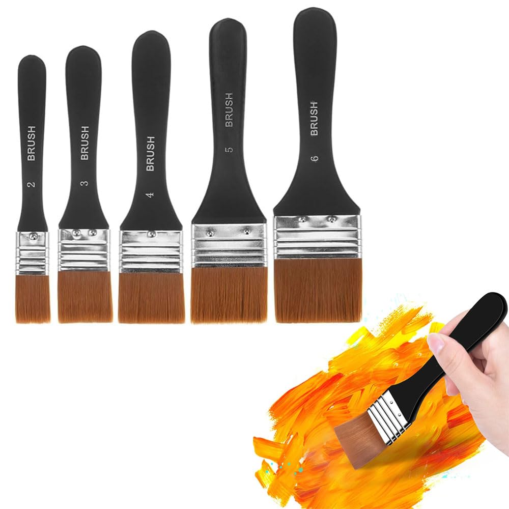 Goodern Paint Brushes Set,5PCS Assorted Size Nylon Painting Brushes Wall Brushes Multi-Purpose Flat Paintbrush Flat Artist Paint Brush Universal Flat Brush Set for Oil Painting BBQ & Furniture Paints