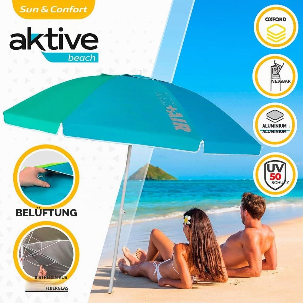AKTIVE Großer Strandschirm, UV50-Schutz, neigbar und höhenverstellbar, Stahlstange, Oxford-Gewebe, 8 Streben, große Sonnenschirme, Tragetasche mit Griff, 220 cm