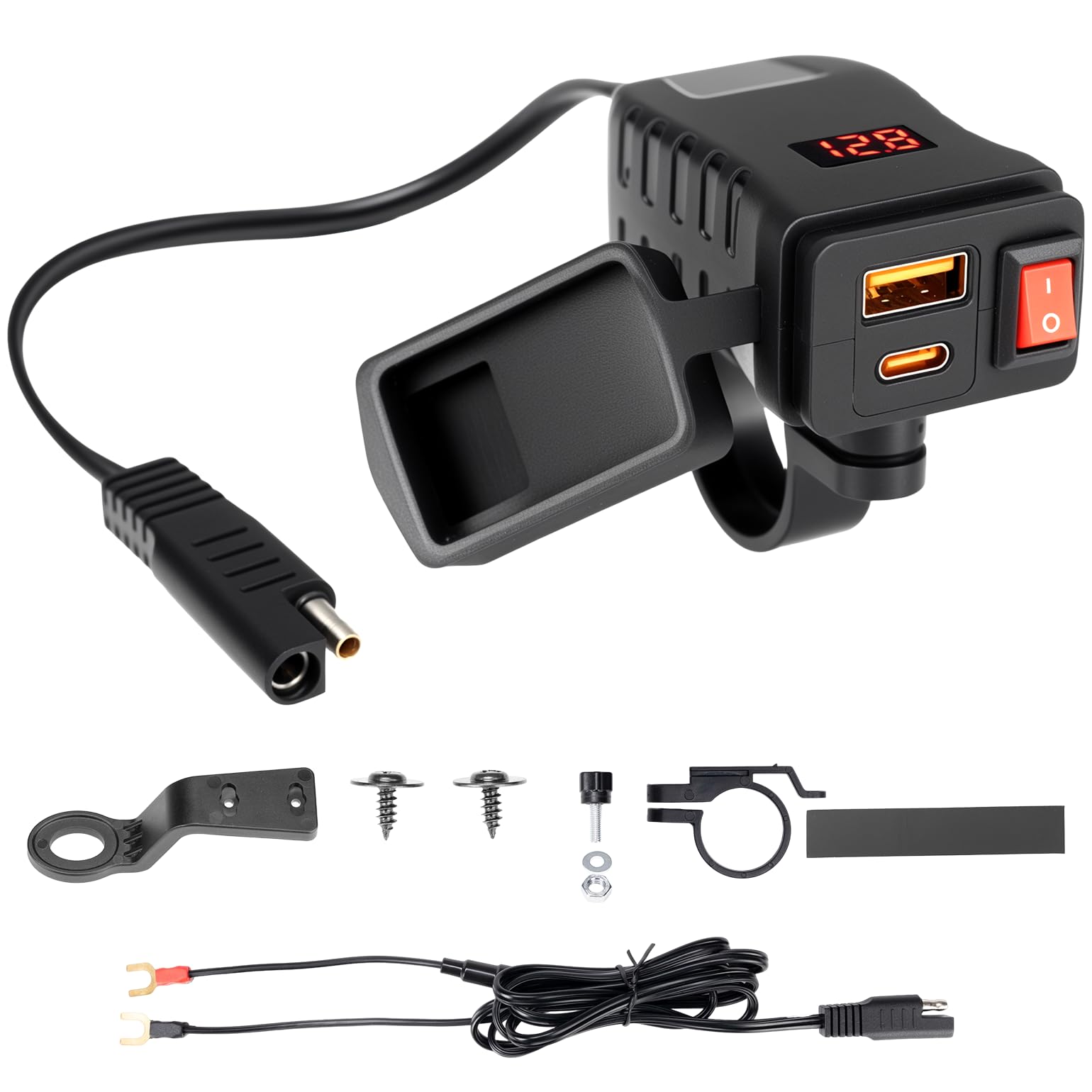 KEMIMOTO バイク USB電源 バッテリー充電器 Type-C＆USBポート搭載 LEDディスプレイ IP66防水 2WAY取付方法 急速充電 入力電圧10-24V KM0406