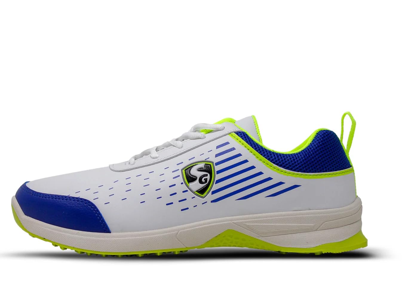 SGYorker Cricket Shoes (Color: White/Royal Blue/Lime, Size: UK10/ US11/ EU44) | for Mens & Boys | Material: PU & Rubber | Lightweight and Durable Long Lasting Performance