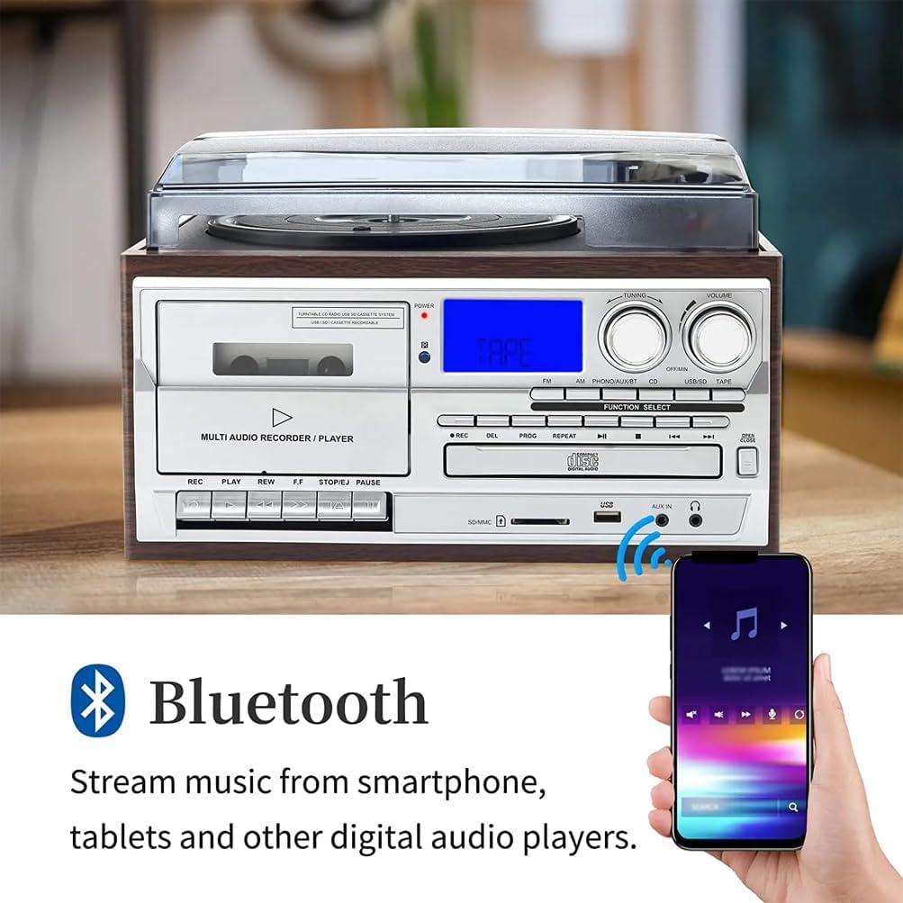 Reproductor de CD portátil con casete, radio FM, reproductor de discos Bluetooth retro con altavoces integrados, reproductor de CD retro de 4000 mAh para CD, álbumes para escuchar sobre la marcha