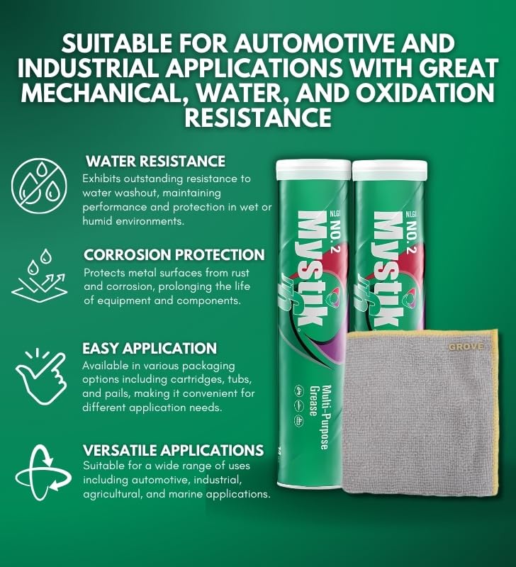 Image of Mystik JT-6 Multi-Purpose #2 Grease 14 oz Bundle with Microfiber Cloth - High-Temperature, Water-Resistant Grease for Superior Anti-Seize Protection Under Heavy Loads - (3 Items)