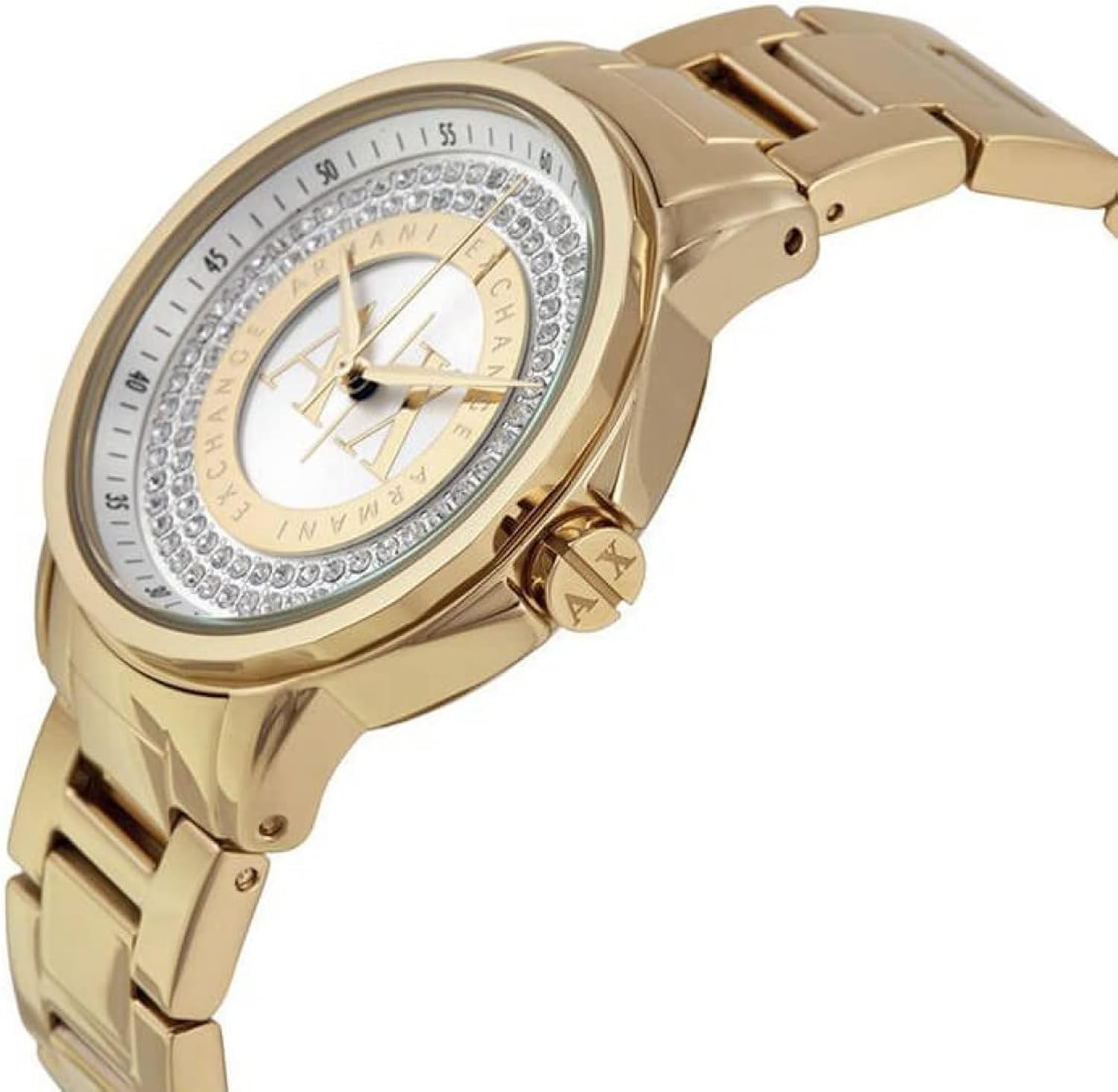 Armani Exchange Orologio da donna a tre lancette in acciaio inossidabile con cassa da 35 mm e cinturino in acciaio inossidabile Armani Exchange Orologio da donna a tre lancette in acciaio inossidabile con cassa da 35 mm e cinturino in acciaio inossidabile