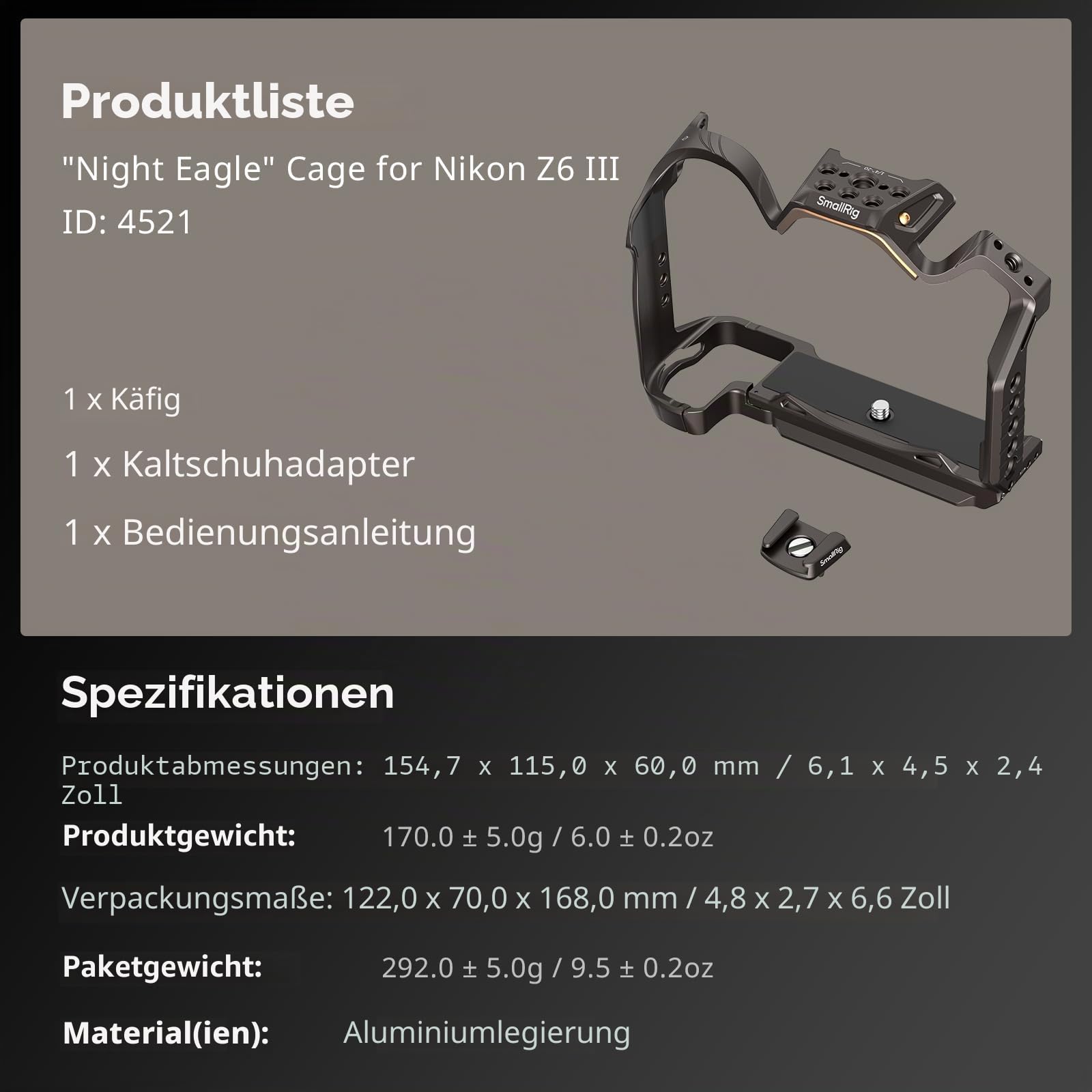 SMALLRIG Night Eagle Z6III Camera Cage Kamerakäfig für Nikon Z6 III, Vollkäfig aus Aluminiumlegierung, mit Schnellwechselplatte für Arca-Swiss und Blitzschuhhalterung für Mikrofon und Licht - 4521