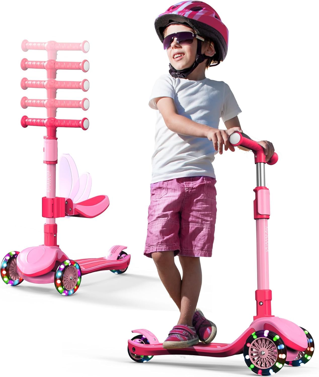 Monopattino regolabile 2 in 1, 3 – 12 anni, manubrio a 5 livelli, sedile rimovibile, ruote a LED, pieghevole, rosa (ragazze e ragazzi) nero