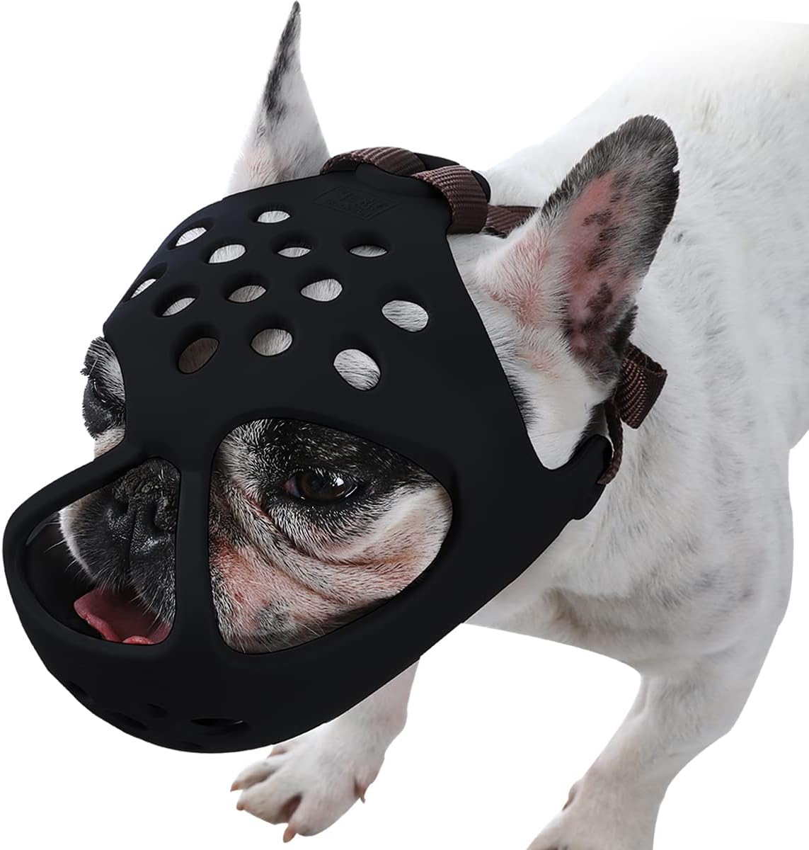 BARKLESS Dog Muzzle for Short Snout, Soft Frenchie Muzzle for Biting, Chewing, Licking for French Bulldogs Boston Terriers, Ideal for Flat-Faced Aggressive Dogs Grooming Walking, Allows Drinking Black M (Head Cir: 15"-16.5")