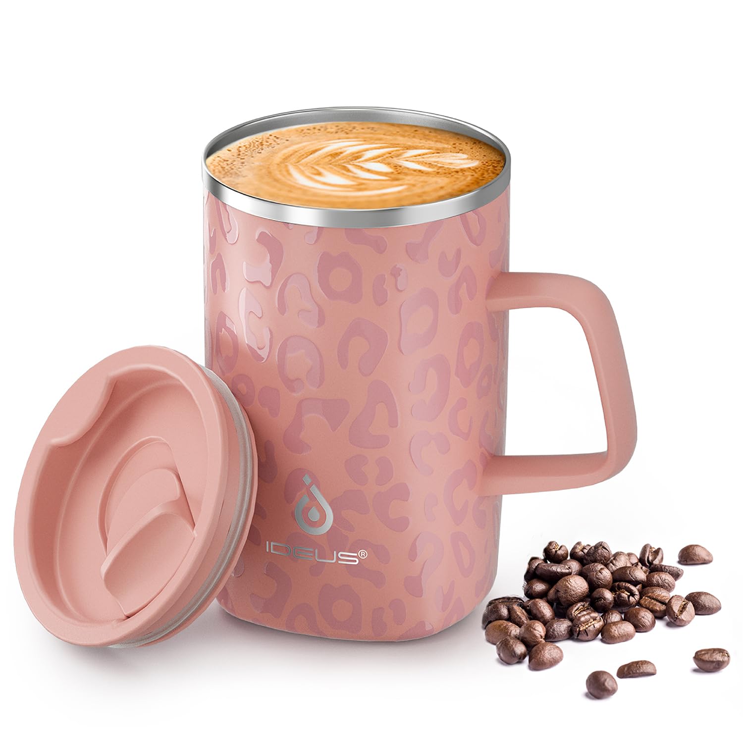 Ideus® Kaffeebecher 470 ml (16 oz), doppelwandige vakuumisolierte Kaffee- und Teetasse aus Edelstahl mit rutschfestem Griff und Schiebemoduldeckel und großem Volumen (Leapord Pink)
