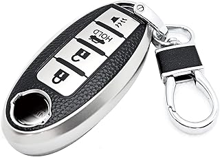 CTRINEWS for Nissan Key Fob Cover, Advanced Soft TPU Surface Leather Grain Key case for Nissan Altima Rogue Murano Sentra Maxima Armada Titan (4 Button) Smart Remote Keyless Key Fob Shell (Silver)