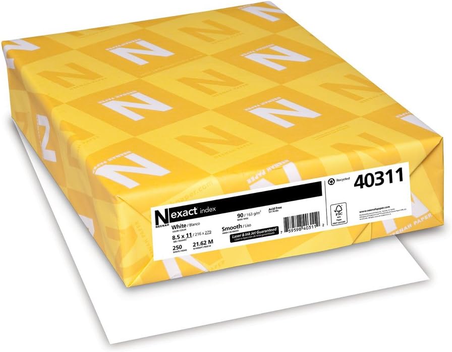 neenah paper 40311 exact index card stock, 90lb, 94 bright, 8 1/2 x 11, white, 250 sheets, (pack of 1) 1 pack cardstock