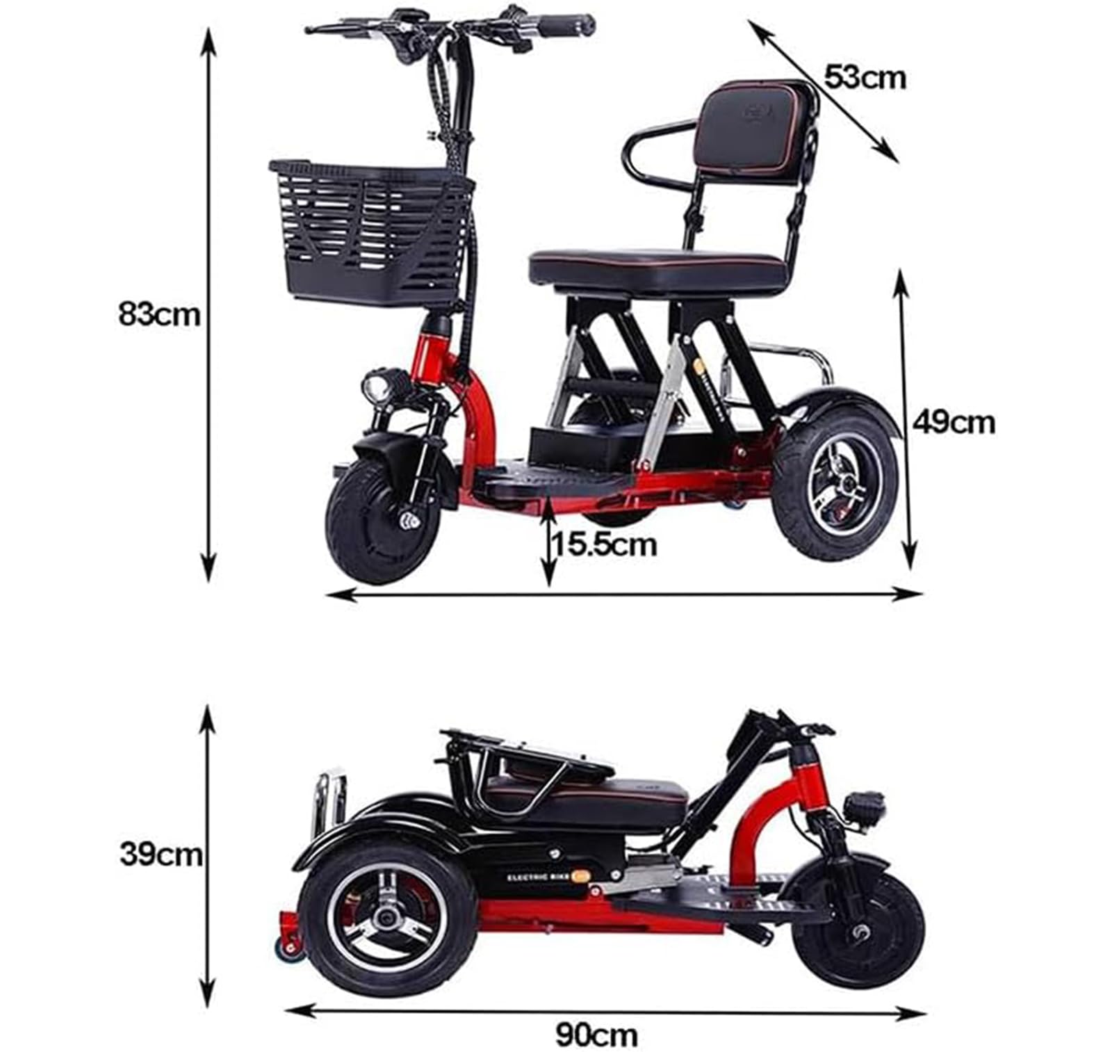 Scooter De Movilidad Eléctrico para Personas Mayores Plegable De 3 Ruedas con Asiento para Pasajero Incluye Cargador, Cesta Scooter De 3 Ruedas para Ascensores y Pasillos