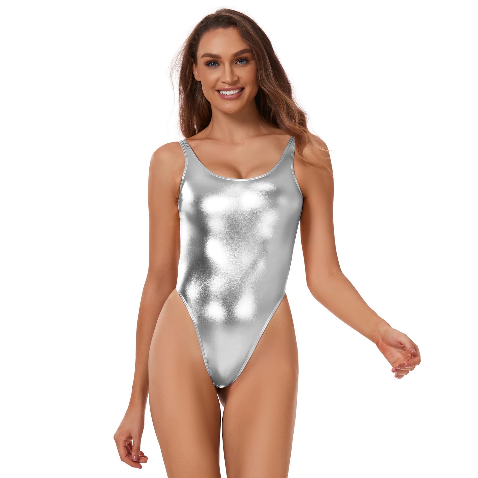 Kepblom Womens Metallic Top Bodysuit - Sexy Backless High Cut Gymnastics Leotards, One Piece Body Suits