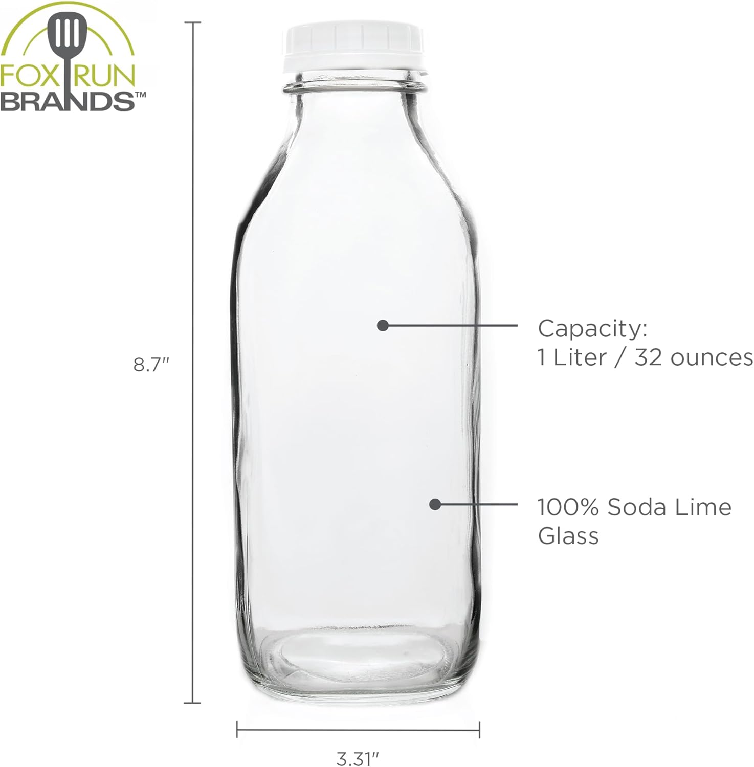 Fox Run Glass Classic Milk Bottle With Lid, 32 oz or 1 Quart Capacity - Image 6