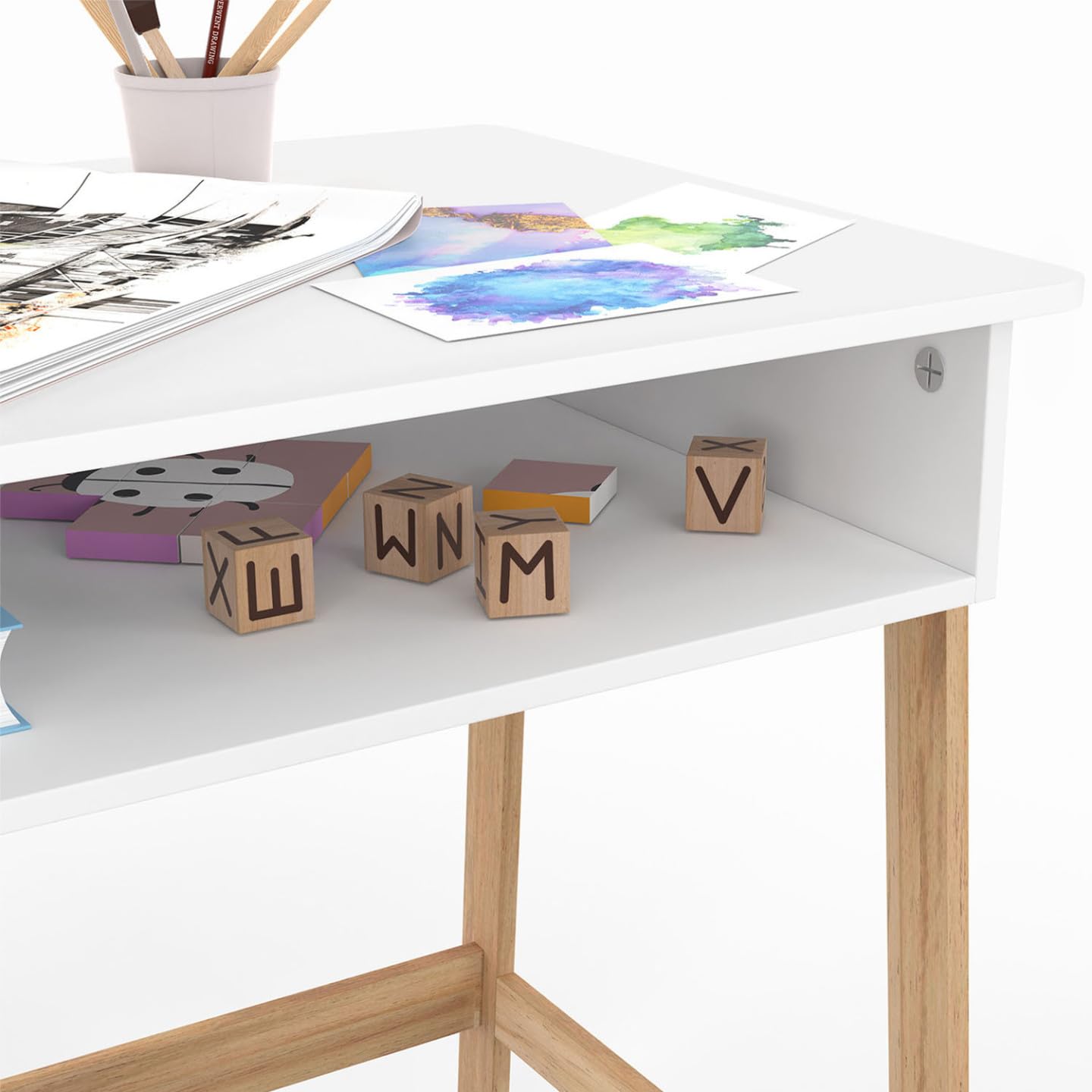 IDMarket - Set da scrivania + 1 sedia per bambini ANATOLE con nicchia bianca e legno