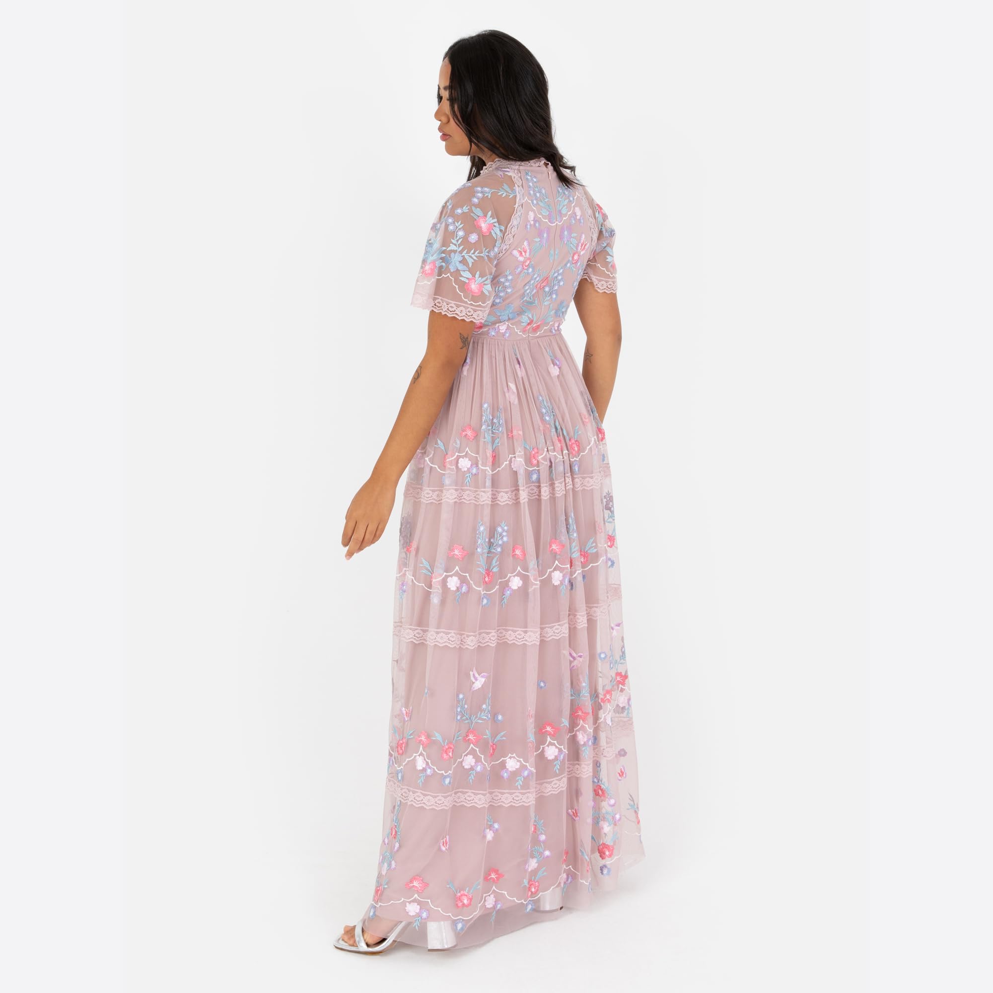 Maya Deluxe Women's Ladies Maxi Dress Short Sleeve Round Neck Floral Embroidered Tulle Lace Trim A-Line Wedding Guest Prom Ball Gown Vestito Donna