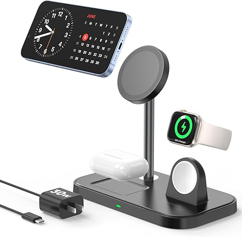 EagleQueen Estación de carga inalámbrica 3 en 1 para dispositivos Apple, soporte de cargador MagSafe con adaptador de 30 W, cargador inalámbrico