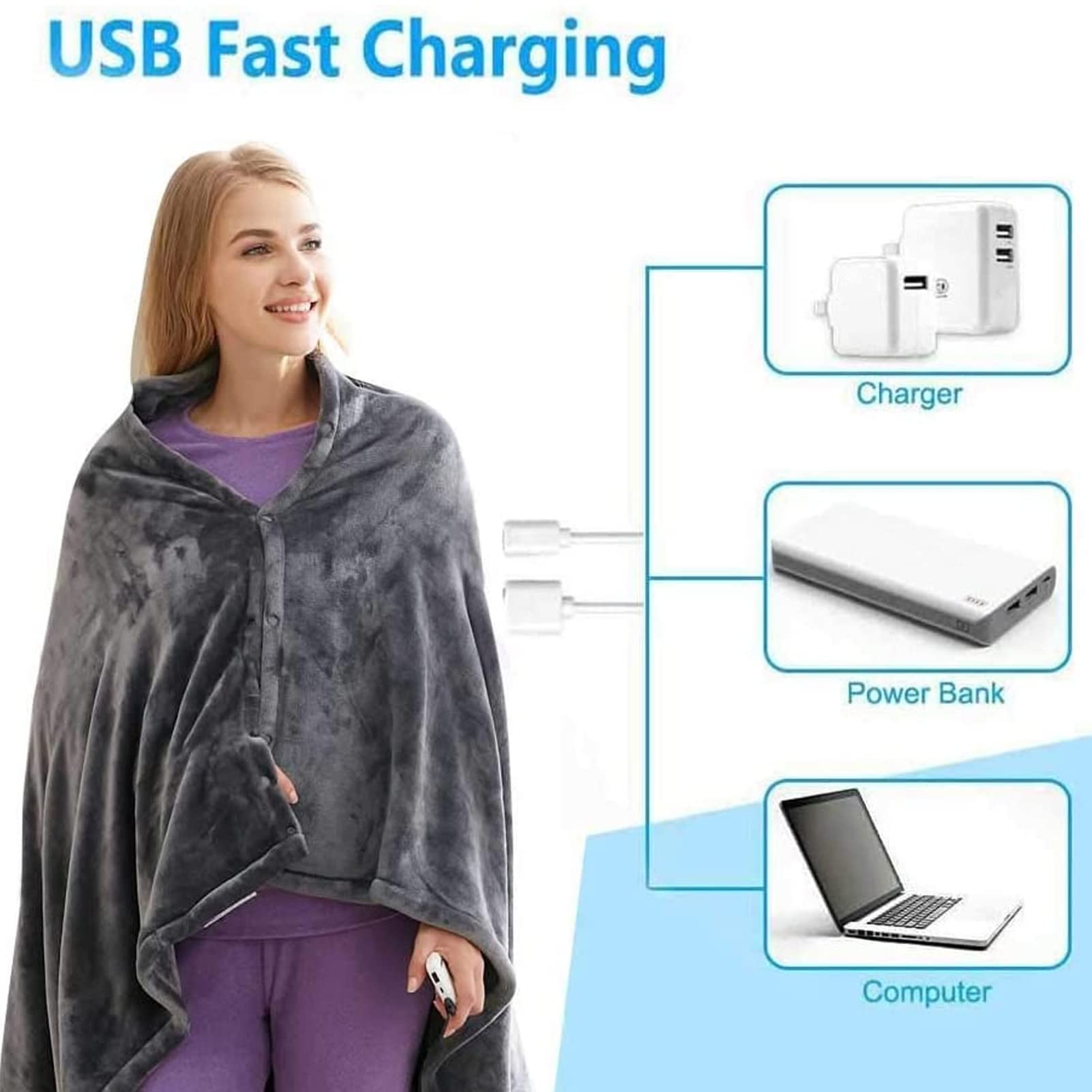 Heated Blanket, 5V 10W USB Quick Heating 3 Setting Cozy Soft Fleece Electric Throw, Machine Washable Thicken Electric Blanket, Shawl Blanket Throw Gift for Christmas(55.1x31.5in-Grey)