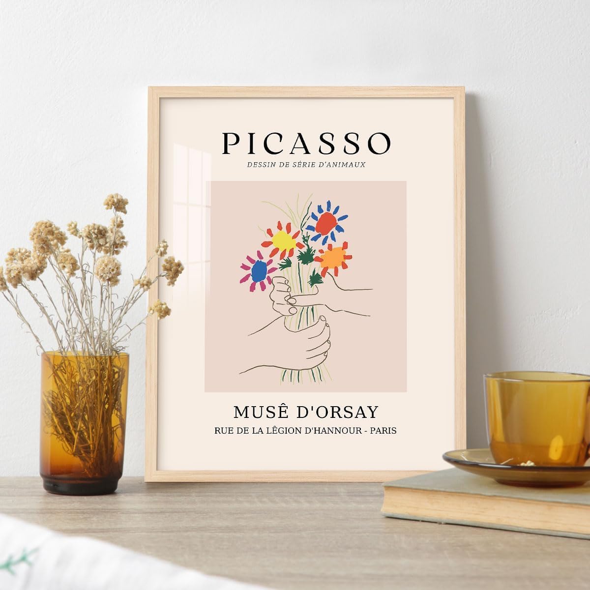 lianyibo Pablo Picasso obraz na płótnie "Bukiet pokoju", plakat "Bukiety kwiatów z rękami", minimalistyczna dekoracja ścienna (70 x 110 cm/rama wewnętrzna)
