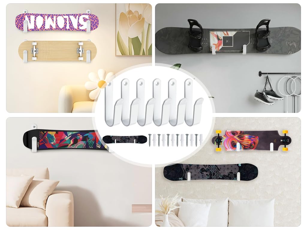 6 Piezas Soporte de Pared para Snowboard, Horizontal Soporte para Snowboard con Tornillos, Soporte de Pared para Monopatín, Snowboard Skateboard Wall Mount, para Esquís, Esquís largos, Patines