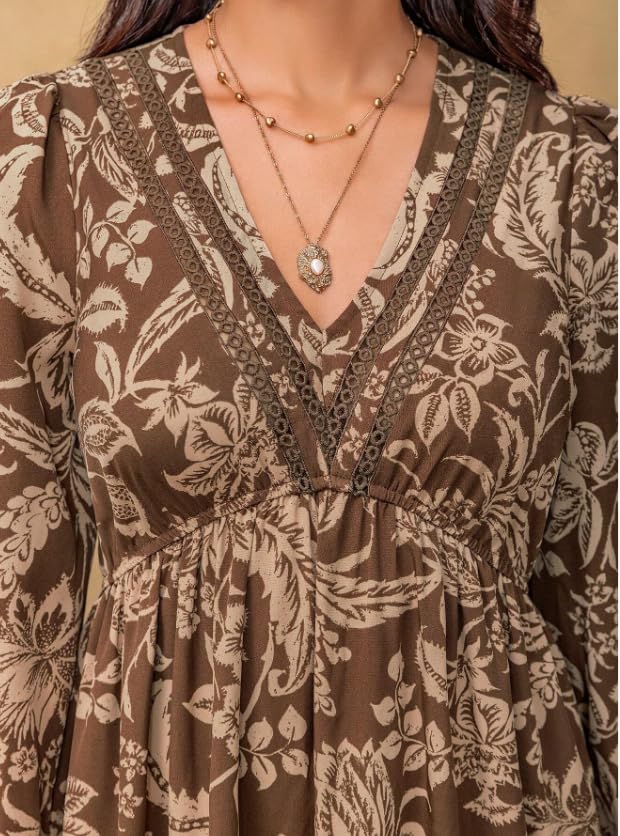 Image of Dress for Women ||Bohemian Brown Print Casual Comfortable Women's Long Sleeve Maxi Dress|| Popular Autumn Apparel Fashion (D-03-05)