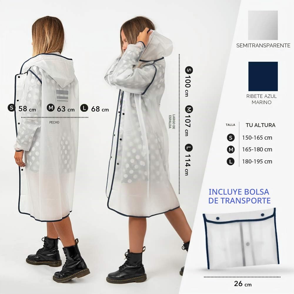 PERLETTI Chubasquero Hombre Mujer Ligero y Reutilizable - Impermeable Hombre Mujer Resistente al Agua - Ropa de Agua Impermeable Detalles Reflectantes Capucha Botones (M, Transparente con Borde Azul)
