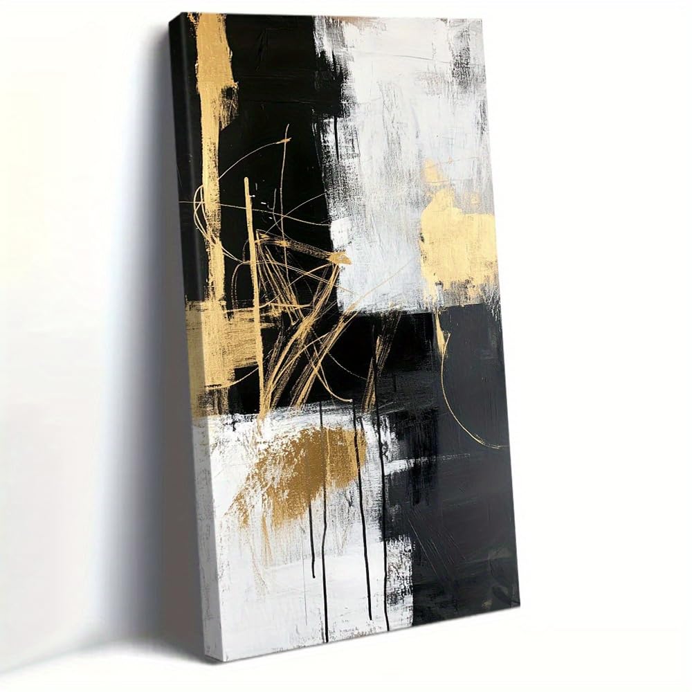 AEFOUU Large Black Golden Abstract Line Drawing Wall Art - Horizontal Black Golden Contrast Canvas Painting Modern Bedroom Decor(65x130cm/26x52in/Internal Frame)