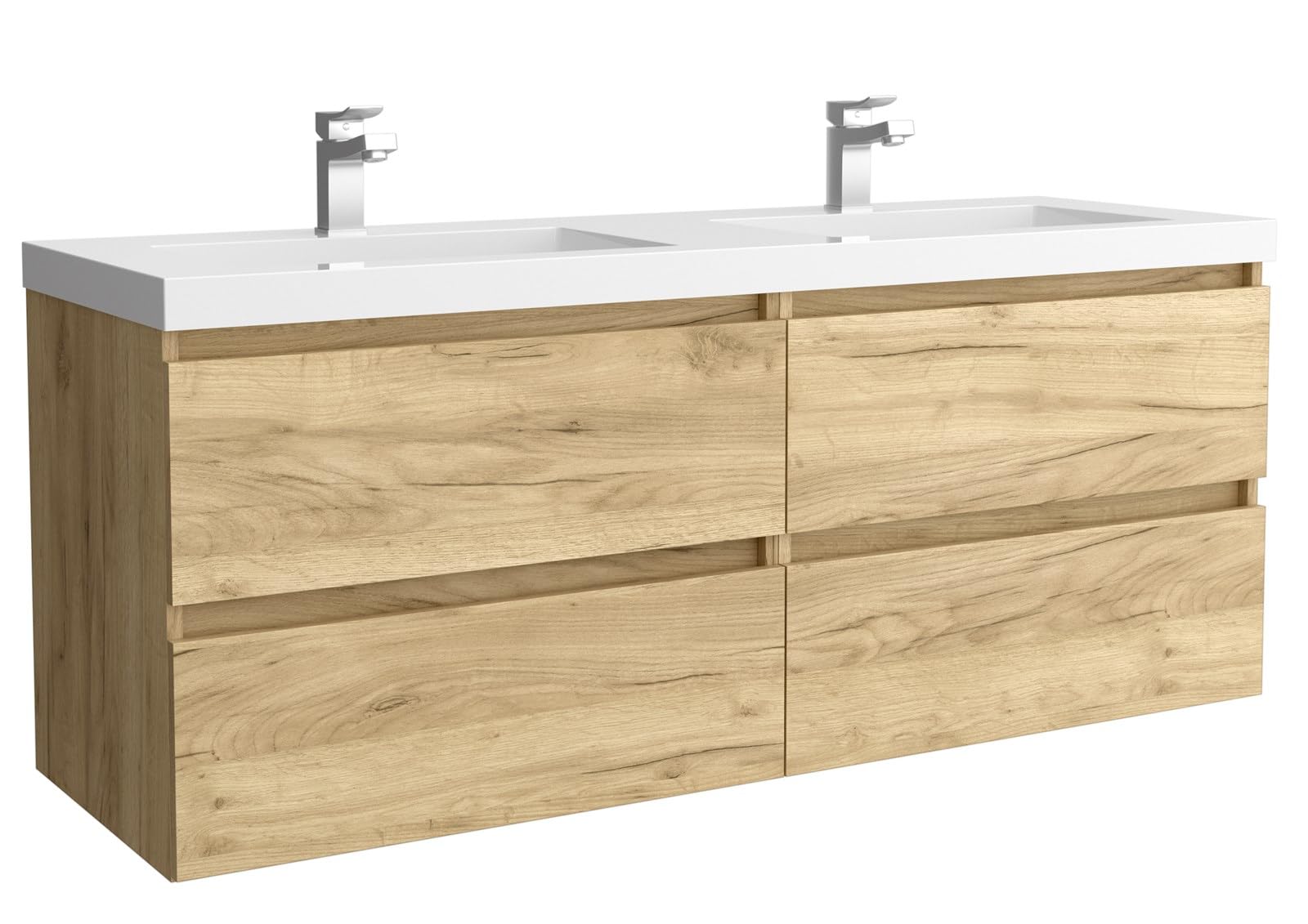 Mueble de baño Bequia 140 cm con Lavabo 100% montado de fábrica | Acabado Roble suspendido 4 cajones Cierre amortiguado Apertura con uñero | Lavabo 2 pozas Porcelana Blanca | Marca Salgar