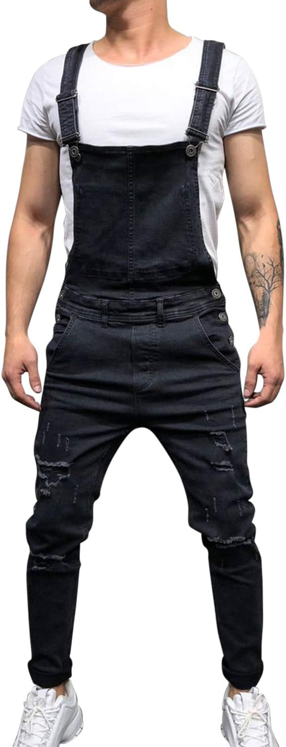 Mens Denim Overalls Fashion Ripped Bib Jeans Slim Fittted Jumpsuit with Pockets