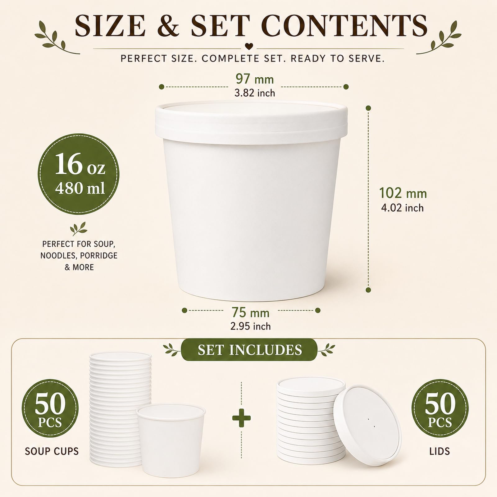 STARVAST 50 vasos de sopa de papel con tapa, 480 ml, vasos desechables con tapa, vasos con revestimiento interior de PLA, cuencos desechables para ensaladas, helados, sopa, café