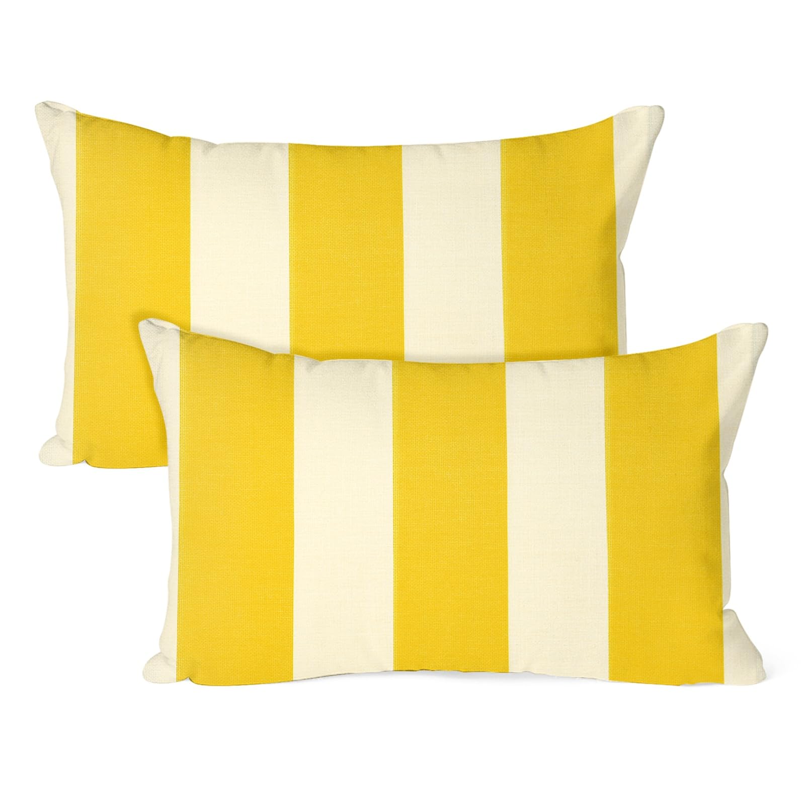 M METERXITY 2-Pack Outdoor Waterproof Throw Pillow Cover, 20x12 Inch Linen Striped Decorative Cushion Cover for Patio/Balcony/Garden, Water Resistant Pillow Case [Yellow]