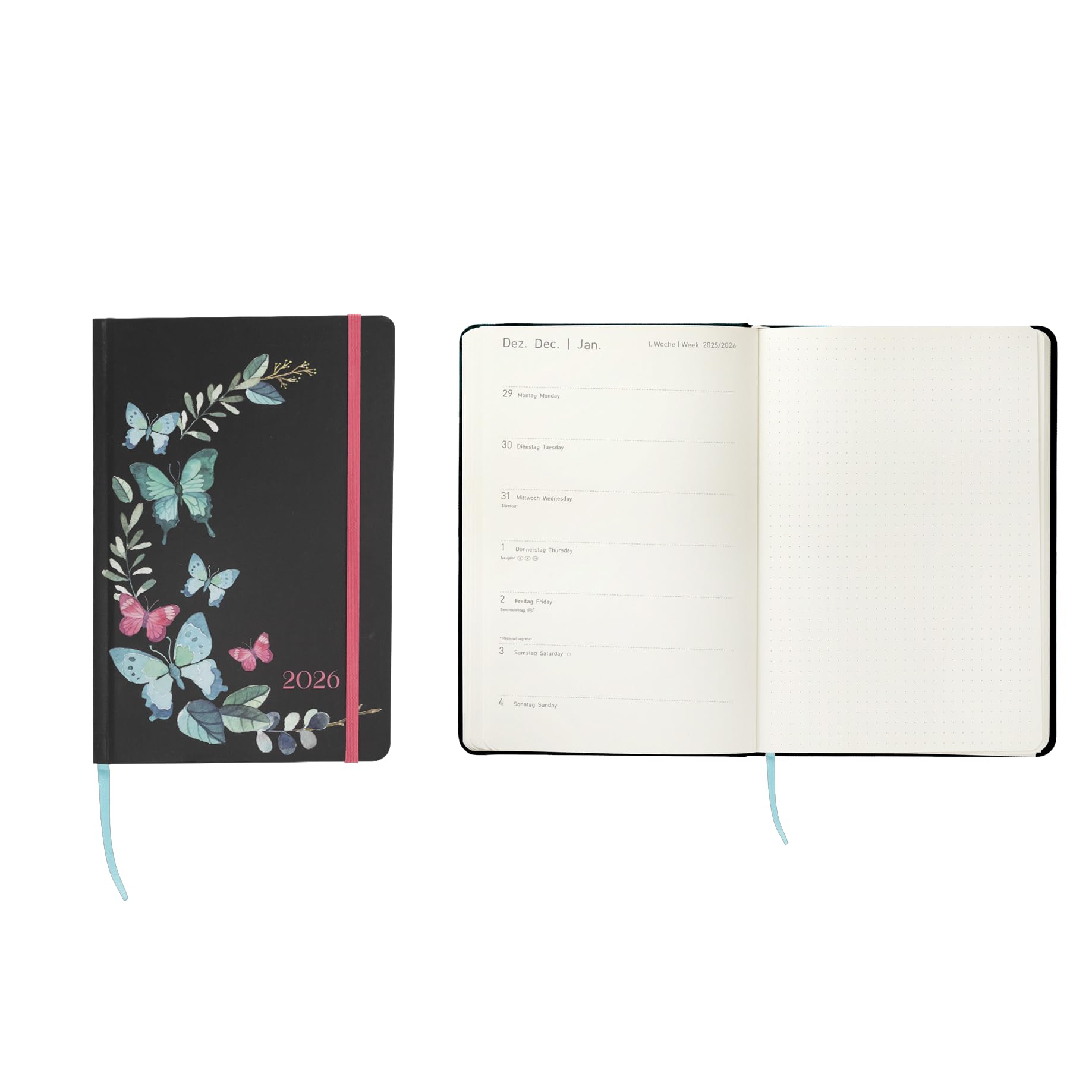Idena 12063 - Taschenkalender 2026 im Format 13 x 21 cm, 1 Woche auf 1 Seite, Terminplaner in Schwarz mit Schmetterlingsmotiv, Gummiband, Innentasche und Leseband