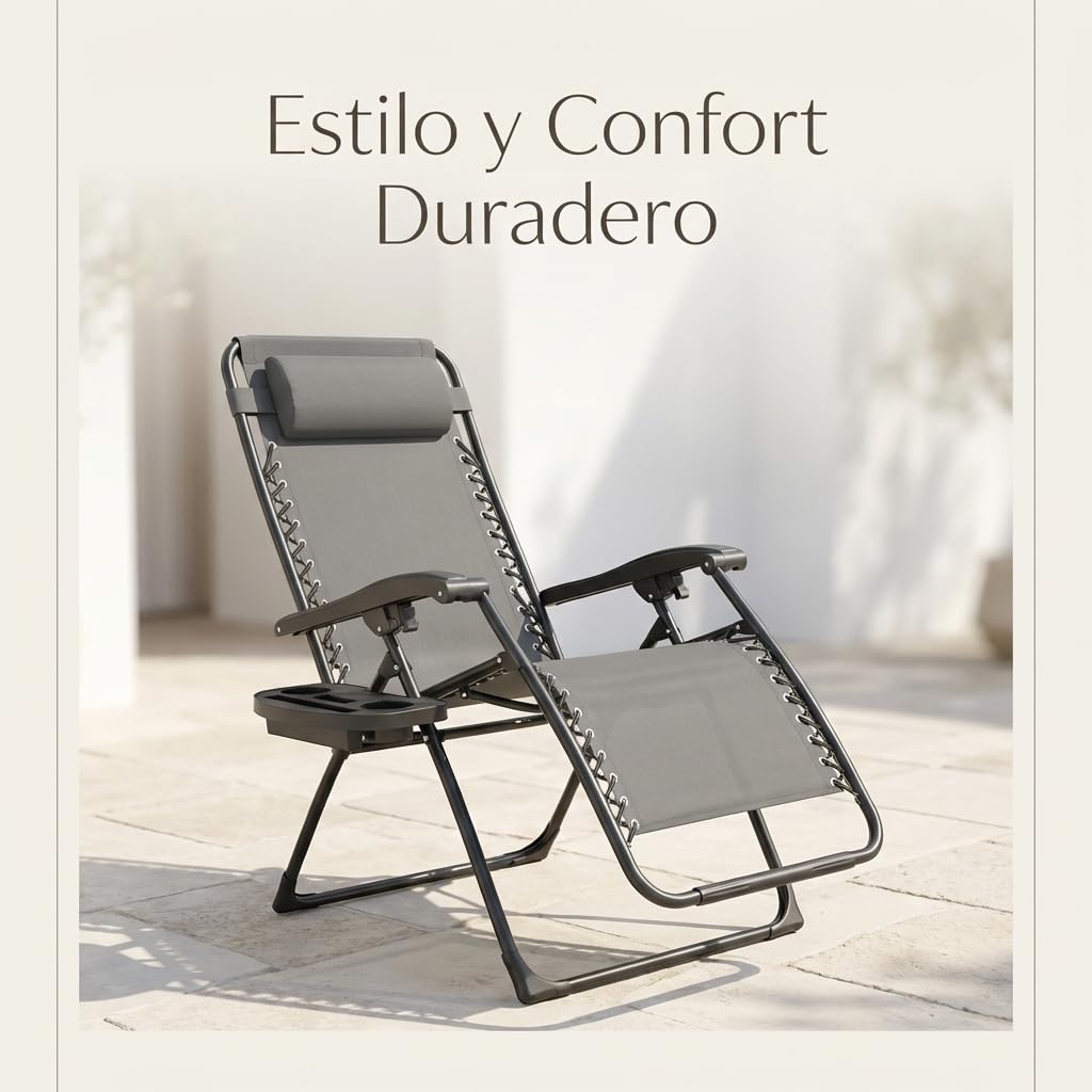 Weida Home Tumbona Plegable para Exterior | Reposapiés y Cojín Ajustable | Silla Reclinable Bandeja Lateral para Bebidas, Móvil y Libros | para Terraza, Camping, Playa, Piscina (Gris) - 4