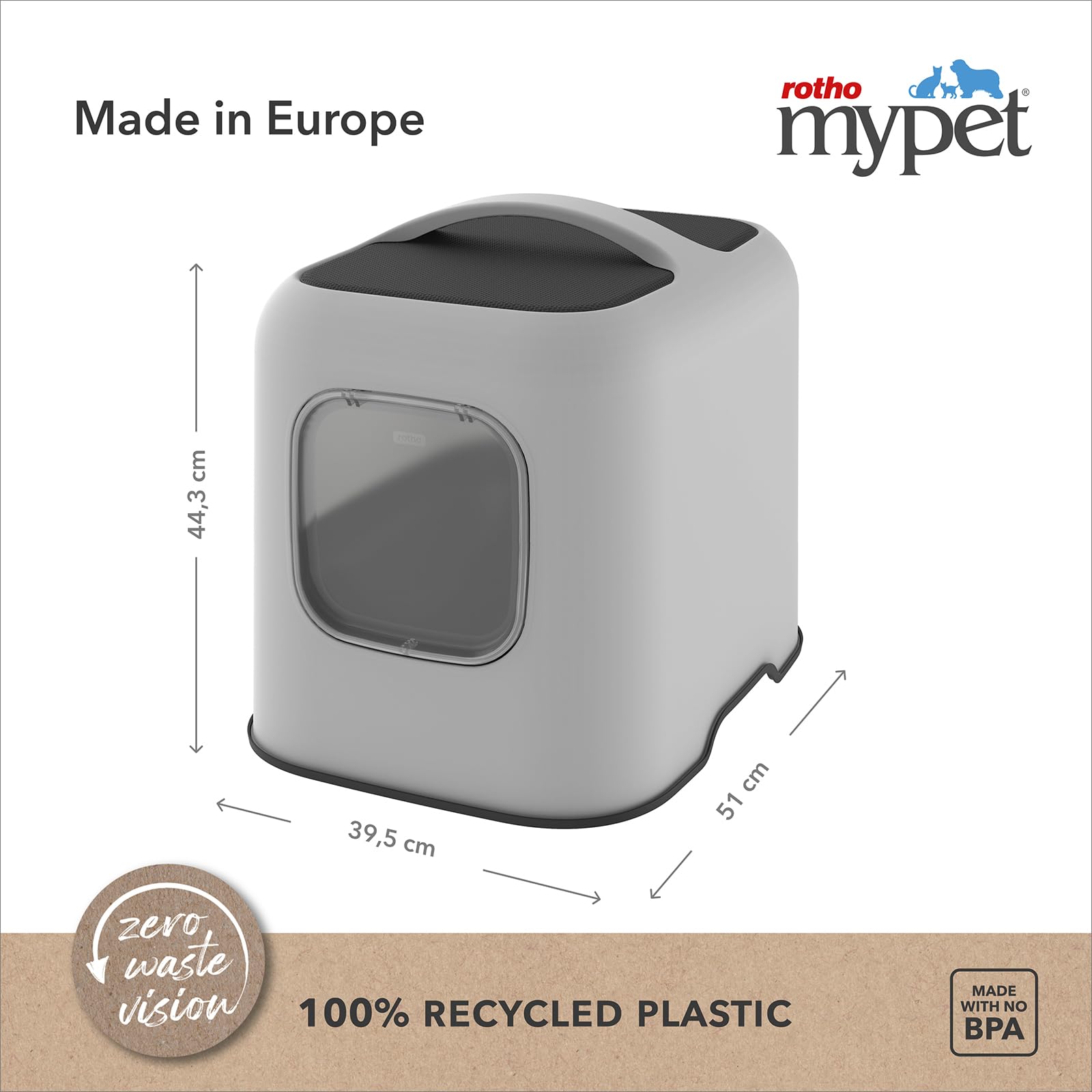 Rotho MyPet Bea Protect Katzenklo mit Deckel und Schaufel mit Filter Grau | Katzentoilette mit Haube, Aktivkohlefilter gegen Gerüche, Türmagnet, Spritzschutz bei hohem Urinstrahl, 4 Ersatzfilter
