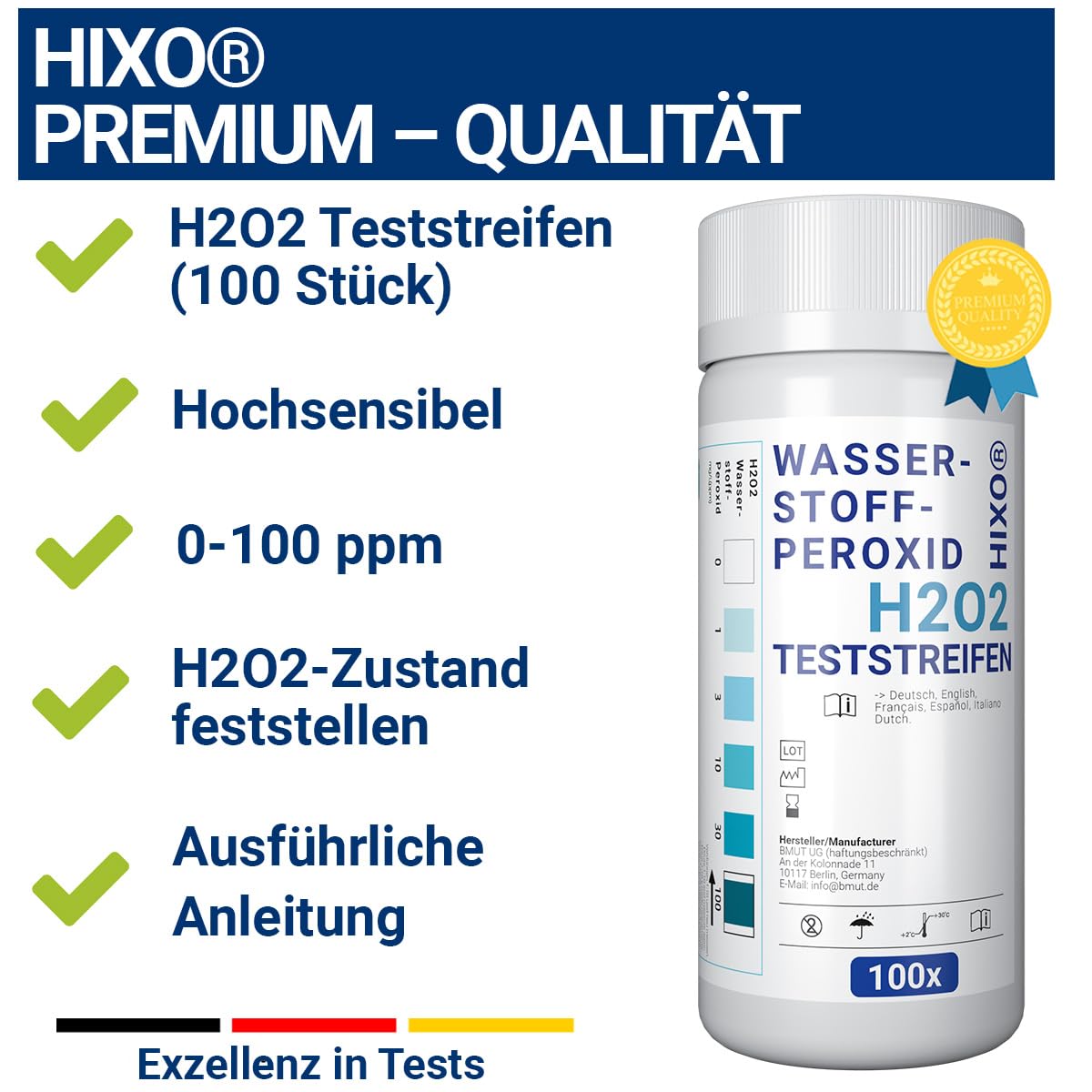 H2O2 - Tira de prueba de peróxido de hidrógeno para 0 a 100 ppm - Medición de concentración - Uso rápido y fácil - Con escala de color