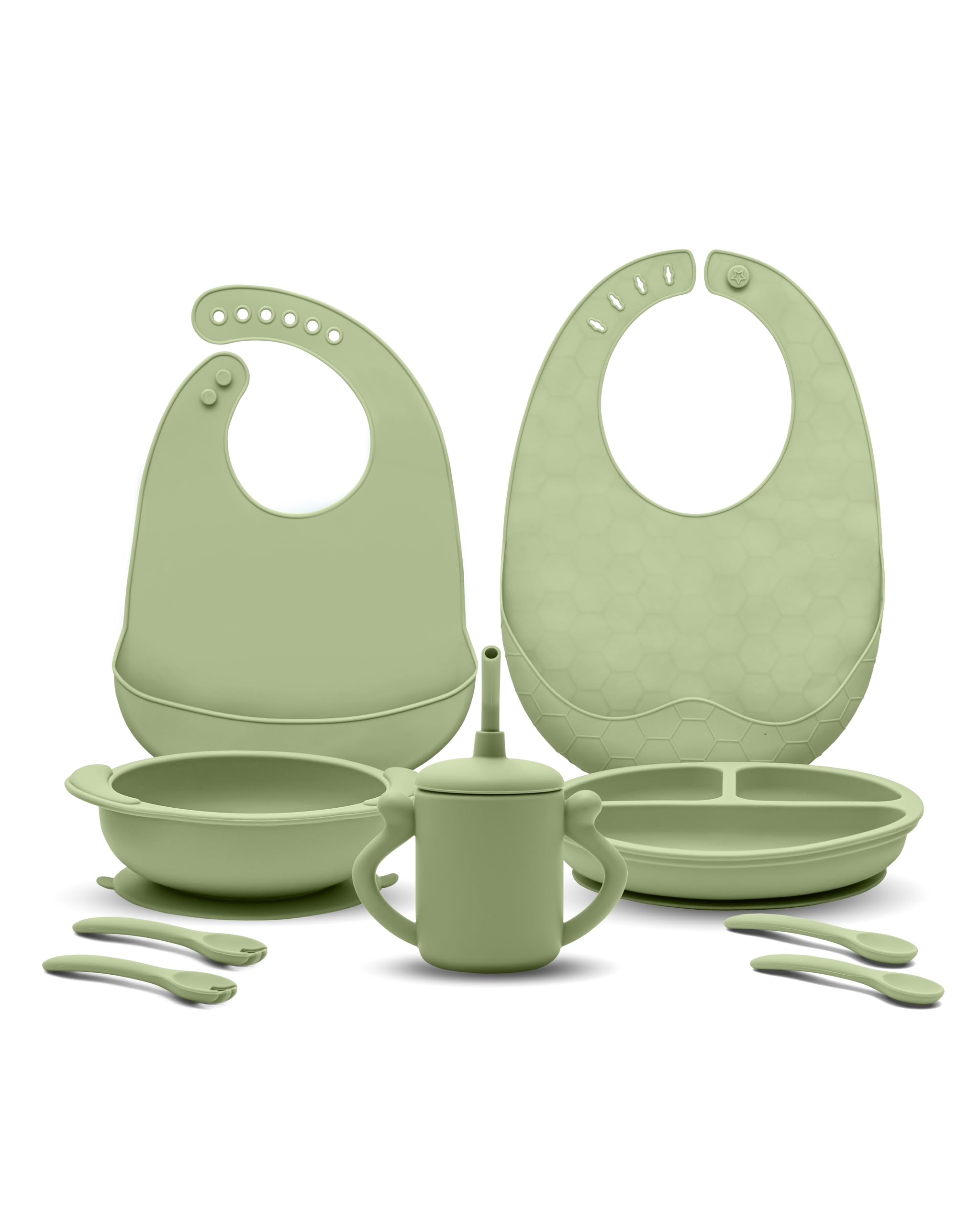 Silicone Baby Feeding Set, Suction Plate and Bowl for Baby and Toddlers Set, BPA-Free Food-Safe Silicone, Green- with Training Sippy Cup, Two Bibs, Two Spoons and Forks (9pcs)