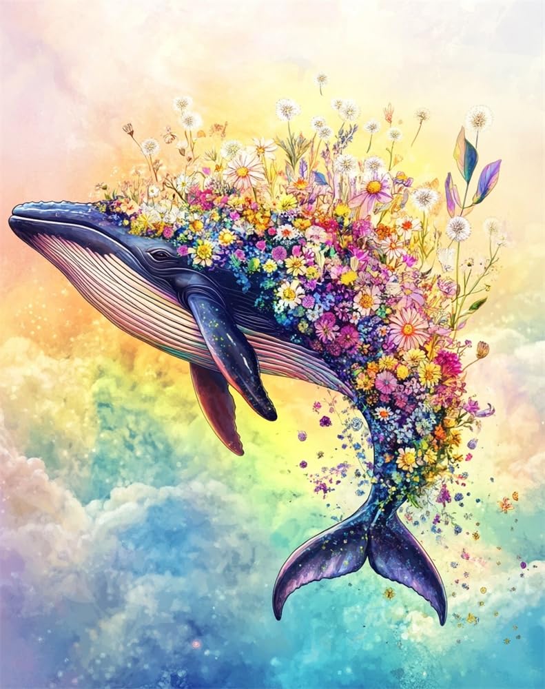 Henypt DIY Cross Stitch Counted Kits Stamped Kit Cross-Stitching Pattern for Home Decor Whale and Flowers 11Ct Fabric Embroidery Crafts Needlepoint Kit Adult Craft Kits
