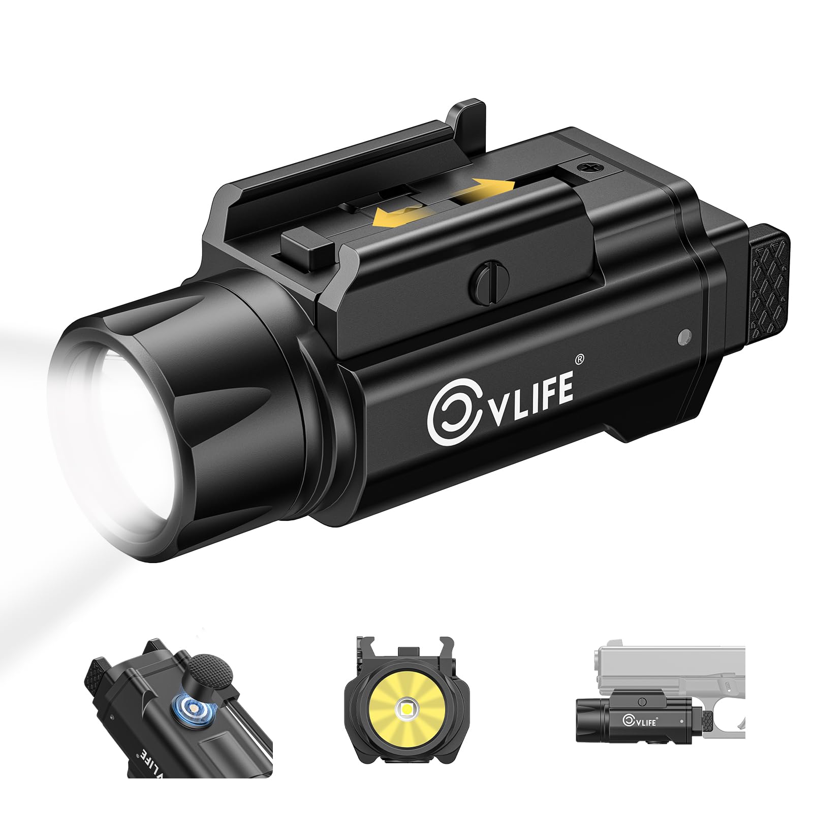CVLIFE Picatinny Lampe de poche magnétique rechargeable pour pistolet avec rail réglable rapide et fonction stroboscopique 1500 lumens