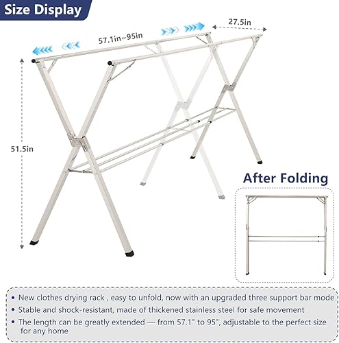 Miniatura 2 de Estante de secado de ropa plegable de 95 pulgadas, estante de secado de ropa de acero inoxidable resistente para interiores y exteriores, perchero