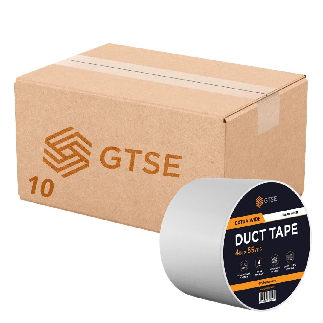 GTSE 10 Rolls 100mm x 50m, Wide White Duct Tape, 4โ Waterproof Strong Adhesive Gaffer Tape for Patching, Sealing, Securing Cables and Labelling, Heavy Duty Tape